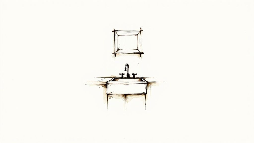 Minimalist ink sketch depicting a bathroom vanity with a basin sink and a mirror above.