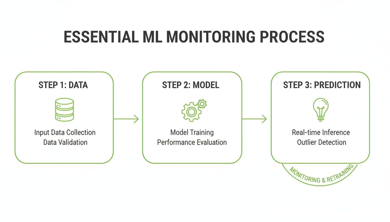 Flowchart illustrating the essential machine learning monitoring process: data collection, model training, and real-time prediction with a retraining loop.