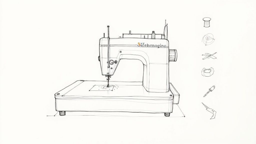 A close-up view of an embroidery machine stitching a complex, colorful design onto fabric.