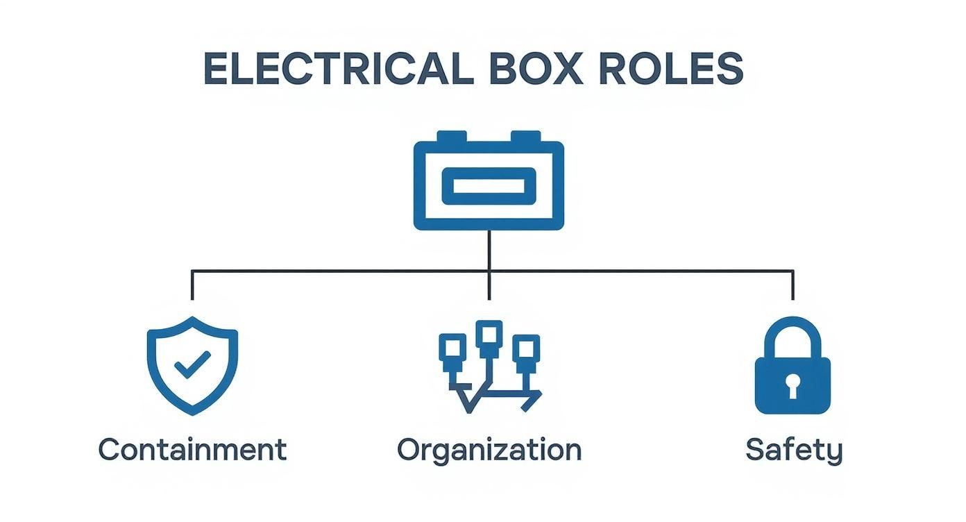 Diagram illustrating the key roles of electrical boxes, including containment, organization, and safety.