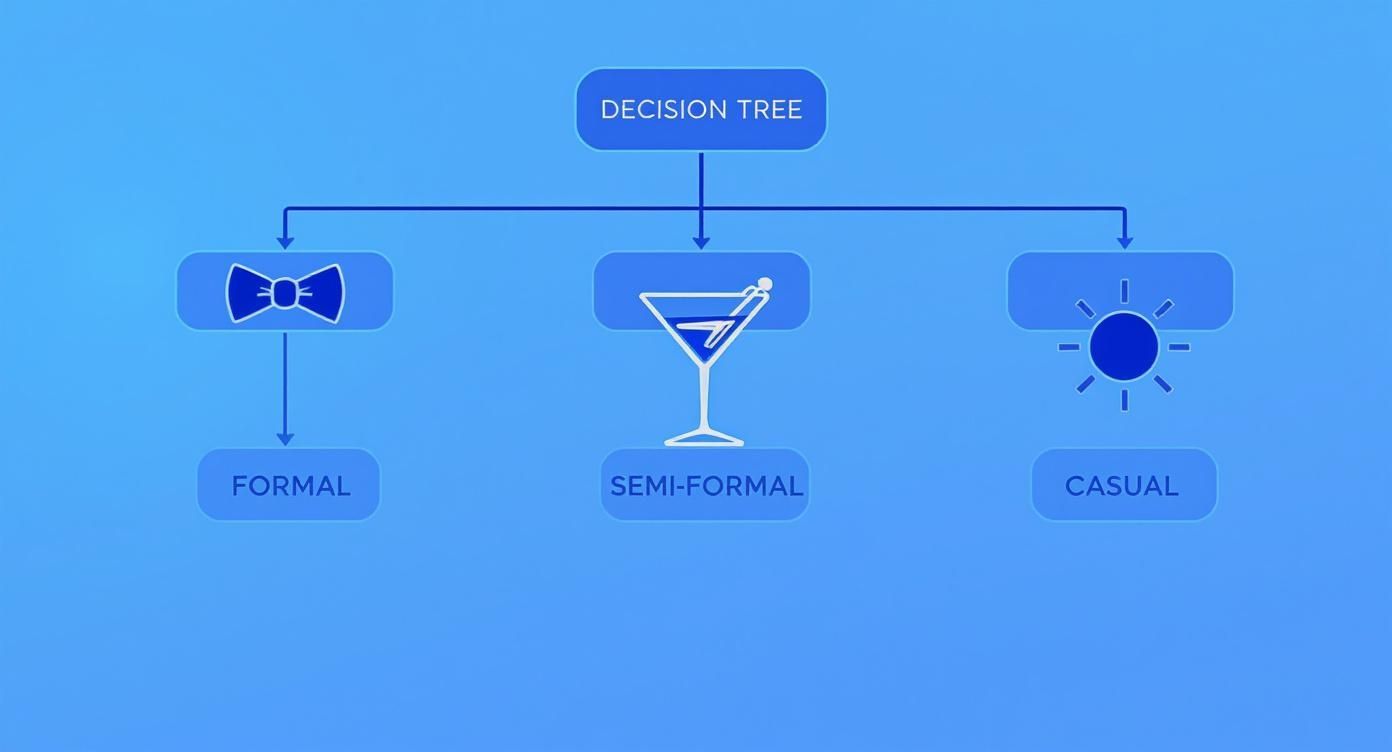 A decision tree diagram illustrating dress codes: formal with a bow tie, semi-formal with a martini glass, and casual with a sun.