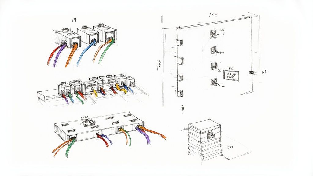 Technical sketch showing network cable management and patch panel wiring configuration diagrams