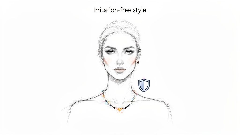 Pencil sketch of a woman wearing irritation-free jewelry, featuring a necklace and earrings, with a protective shield icon.