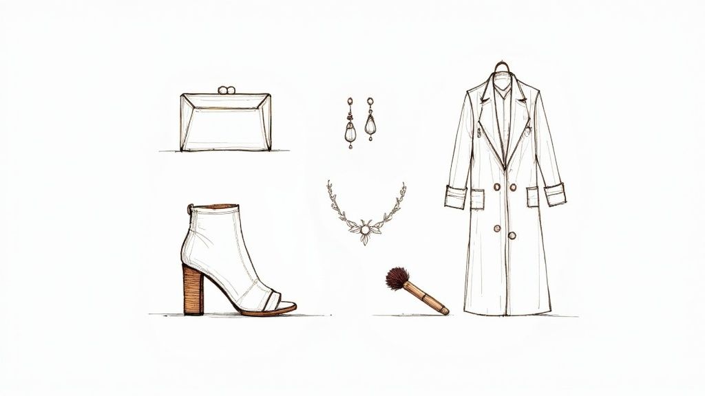 A fashion sketch showcasing wedding guest outfit essentials: a clutch, earrings, necklace, open-toe bootie, makeup brush, and a coat.