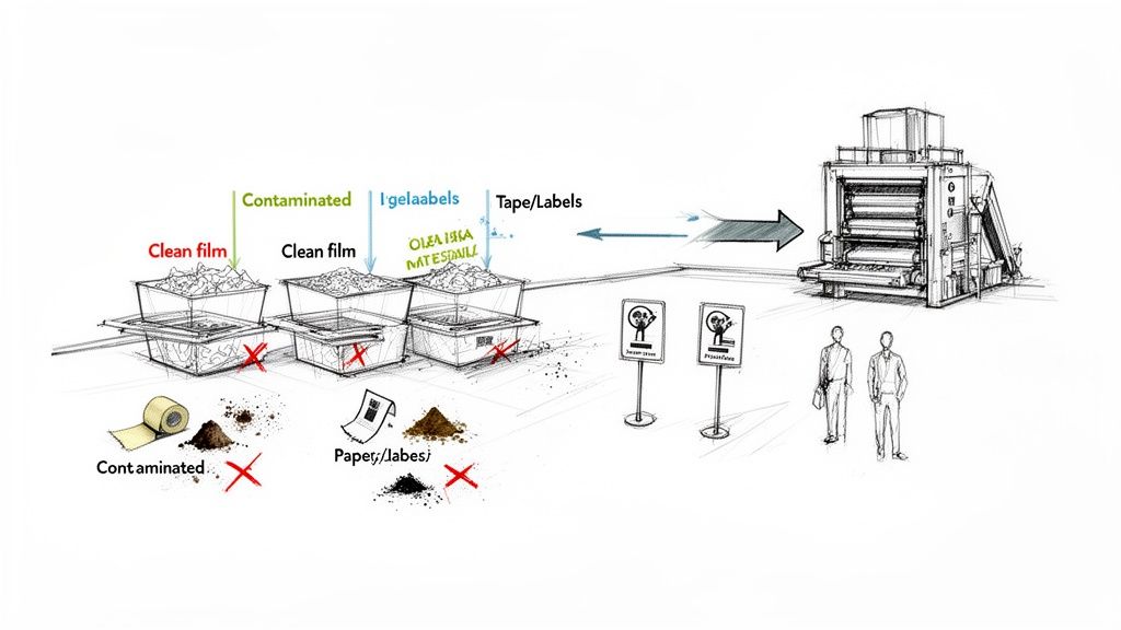 Diagram illustrating an industrial plastic film recycling process, showing sorting clean film from contaminants.
