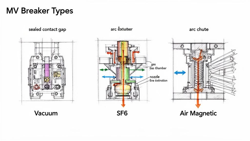 Detailed diagrams illustrate three MV breaker types: Vacuum, SF6, and Air Magnetic, showing their arc extinction mechanisms.