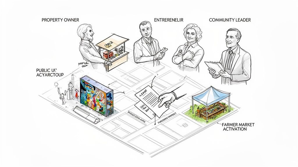 Diagram illustrating collaboration between property owners, entrepreneurs, and community leaders for urban activation.
