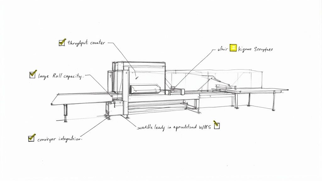 A technical sketch of an industrial machine, highlighting features such as throughput counter, large roll capacity, and conveyor integration.