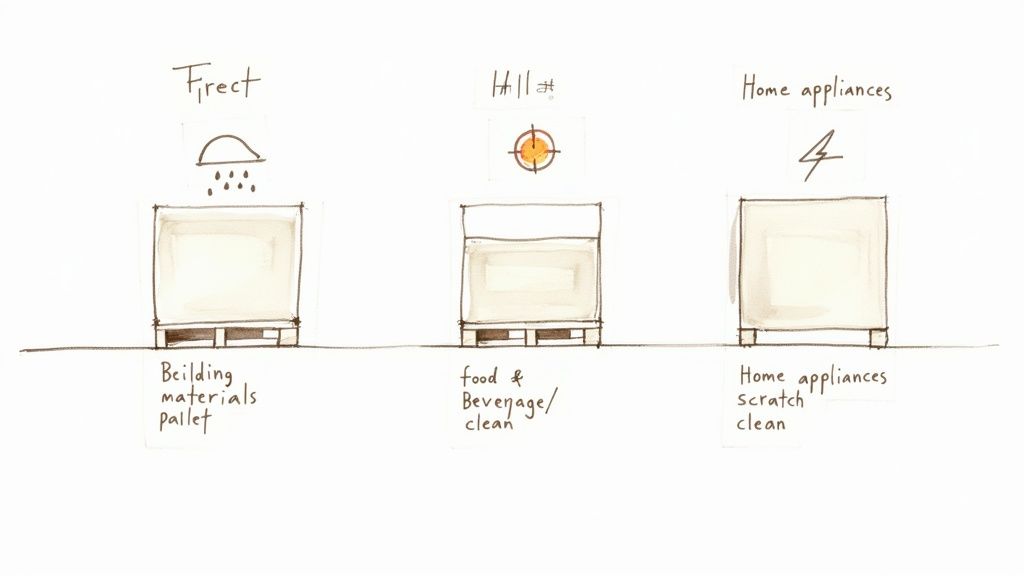 Illustration showing stretch hood packaging applications for building materials, food and beverage, and home appliances.