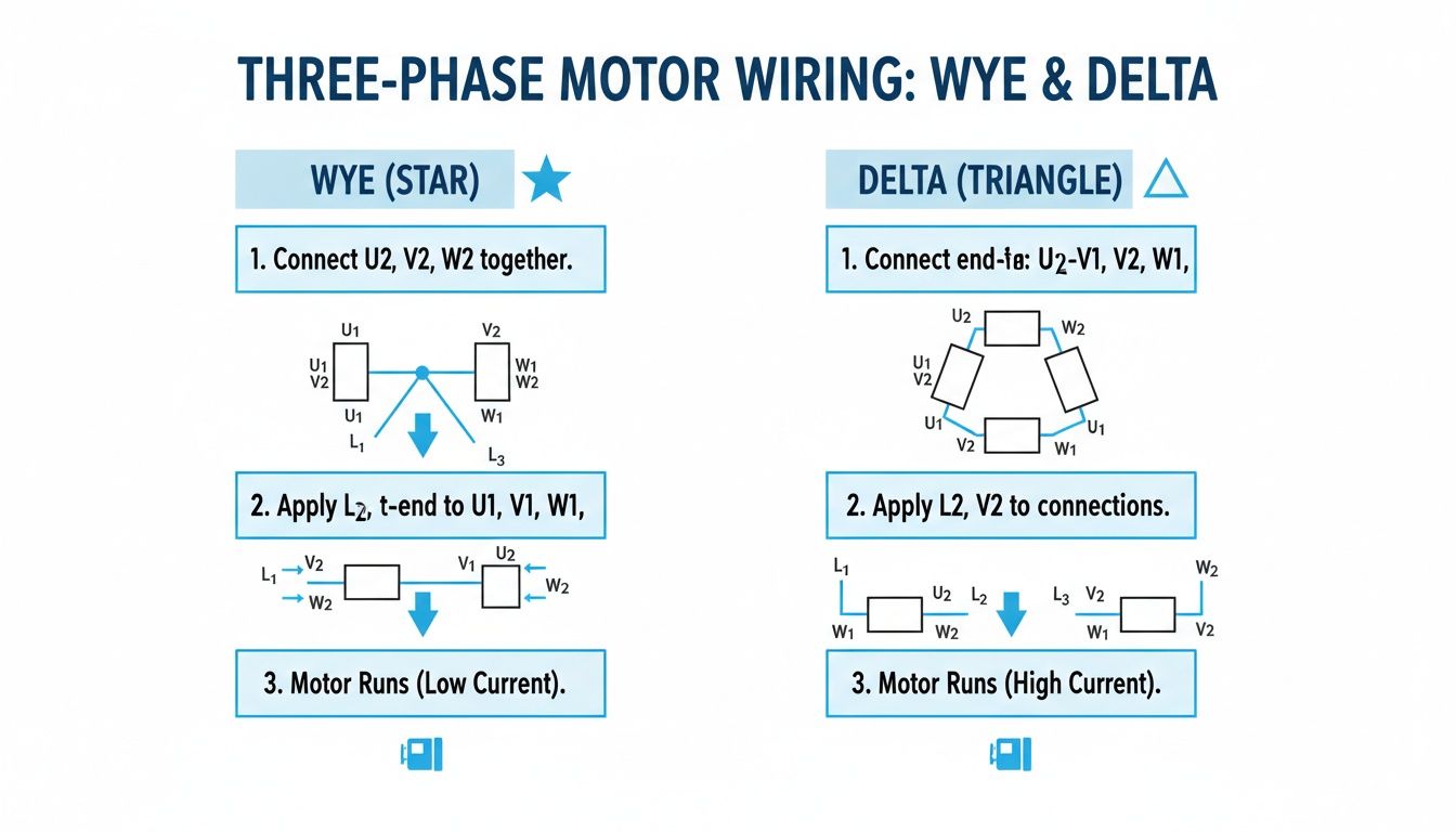 Detailed comparison of WYE (star) and DELTA (triangle) three-phase motor wiring diagrams and steps.