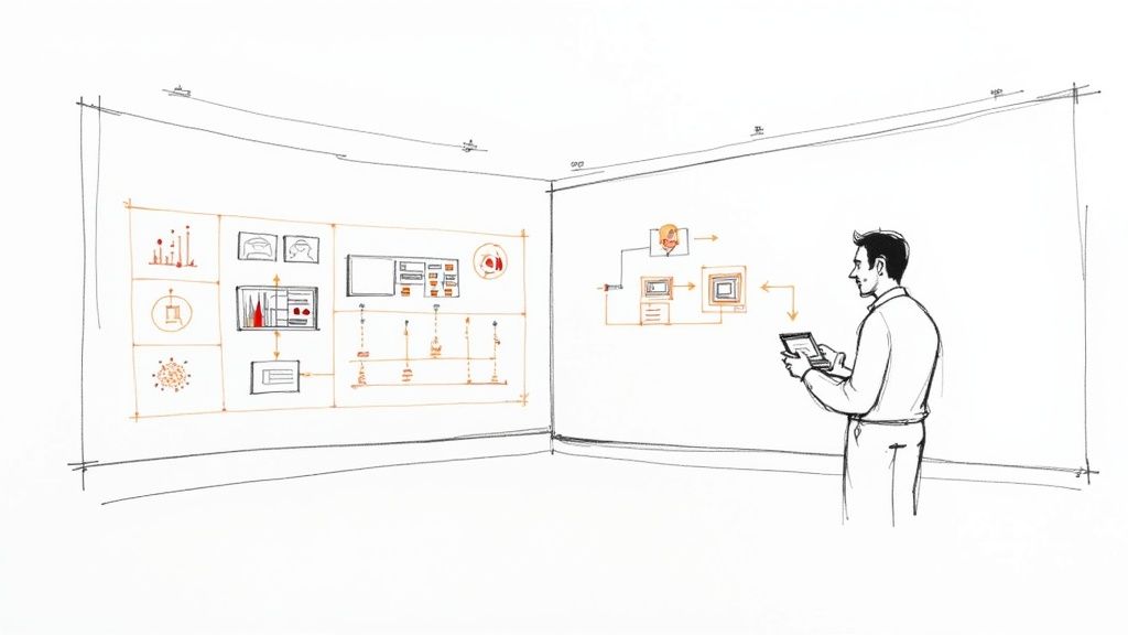 A man views complex technical diagrams and flowcharts on large walls while holding a tablet.