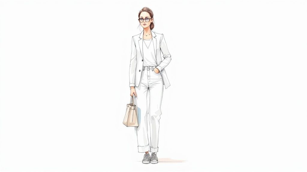 Illustration of a woman wearing a casual chic all-white outfit with a blazer, t-shirt, and jeans, holding a tote bag.