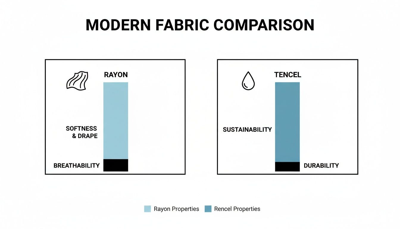 Modern fabric comparison chart showing properties of Rayon (softness, drape, breathability) and Tencel (sustainability, durability).