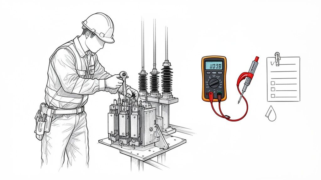 A technician in a hard hat and vest works on electrical circuit breakers, with a multimeter, voltage tester, and checklist nearby.