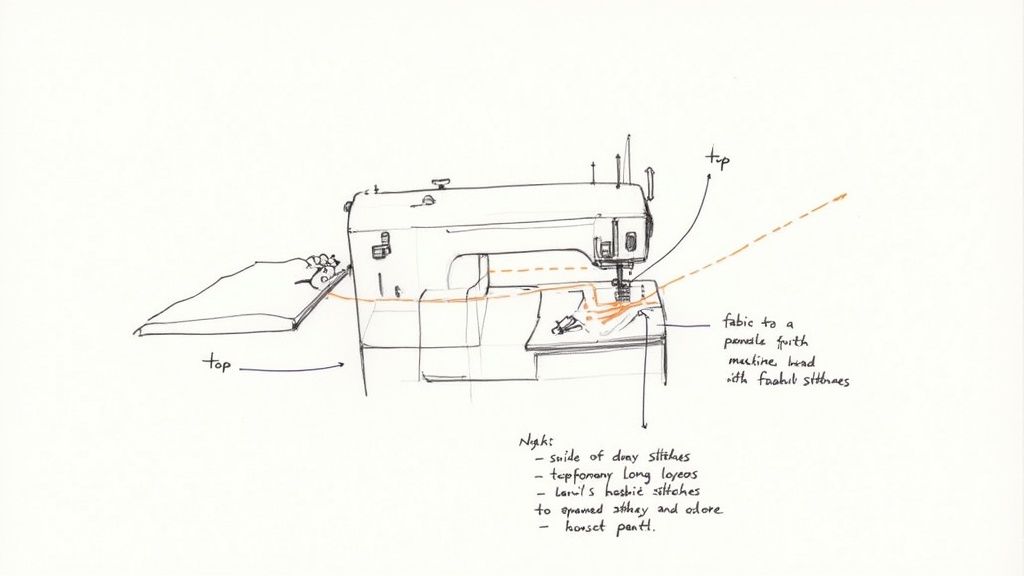 A sewing machine needle stitching through layers of fabric with a basting stitch.