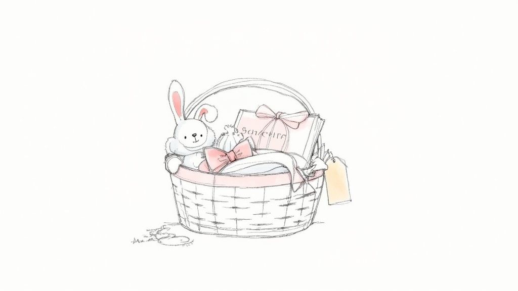 A beautifully wrapped gift basket containing a Jellycat bunny, a matching book, and a soft baby blanket.