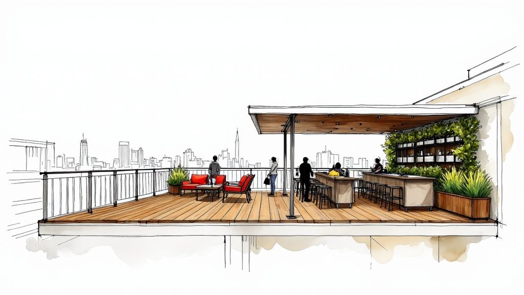 An architectural sketch of a vibrant rooftop bar with city skyline views, featuring people, seating, and a green wall.