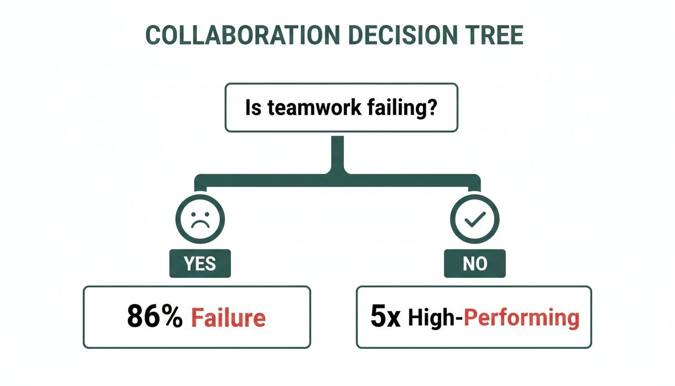 A graph showing that businesses prioritizing collaboration are 5x more likely to be high-performing, while 86% of workplace failures are attributed to a lack of collaboration.