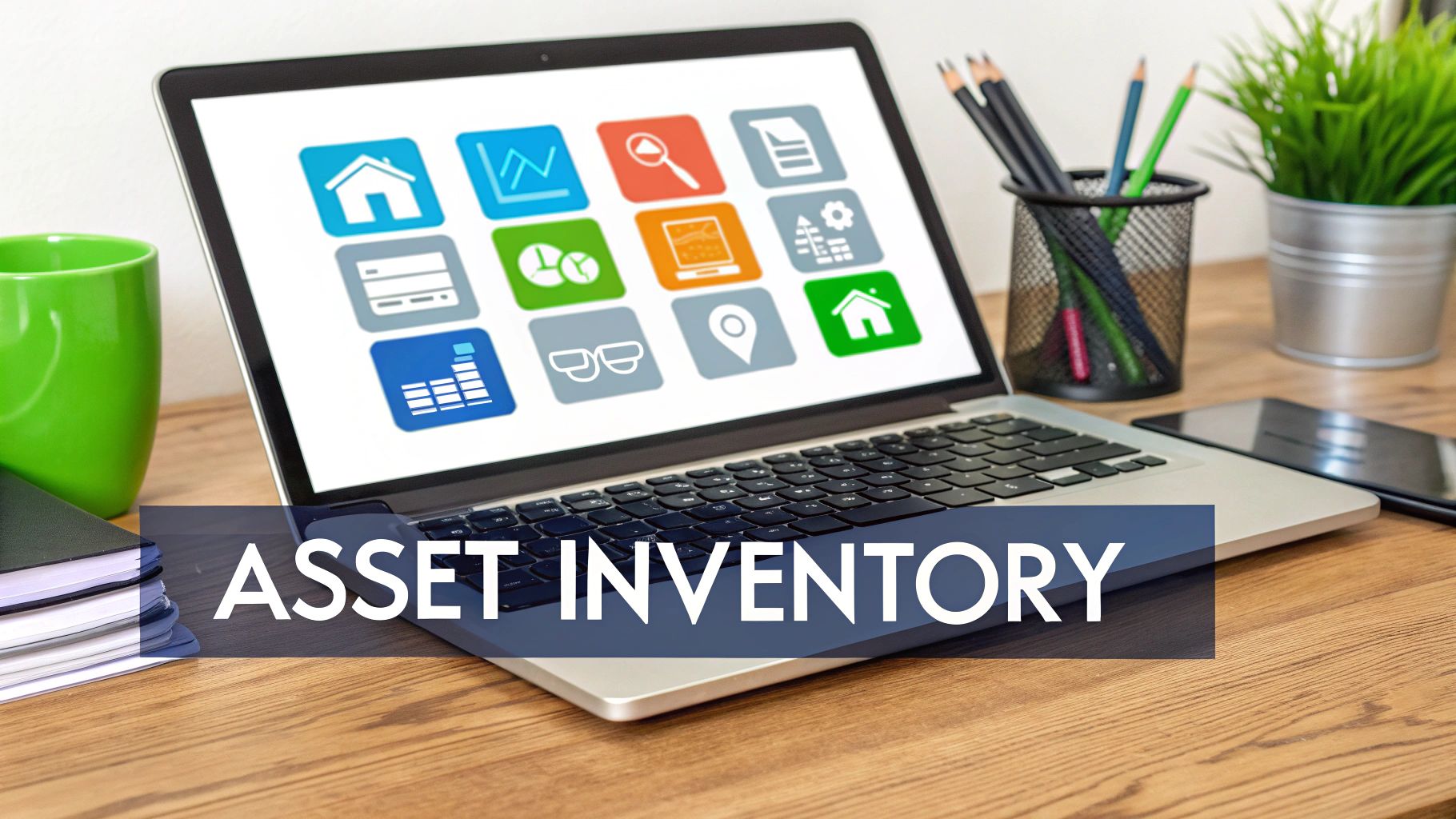 A laptop displaying various asset inventory icons on its screen, surrounded by office items on a wooden desk.