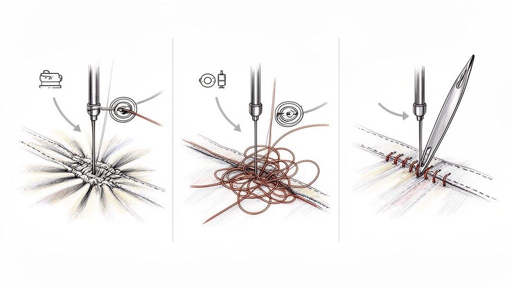 Illustration showing three common sewing machine stitch problems: puckering, tangled threads, and skipped stitches.