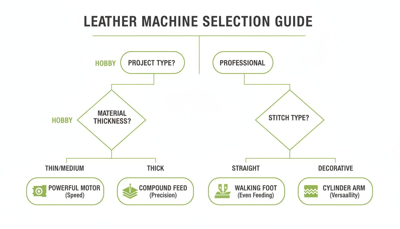 Flowchart guiding the selection of leather sewing machines based on project type, material thickness, and stitch type.
