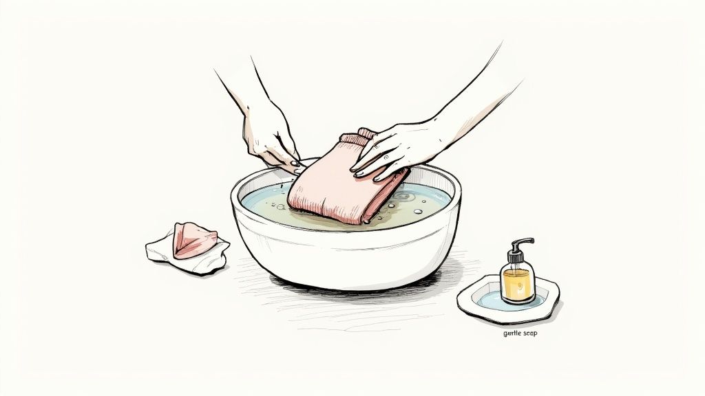 A person gently hand washing a cashmere sweater in a sink