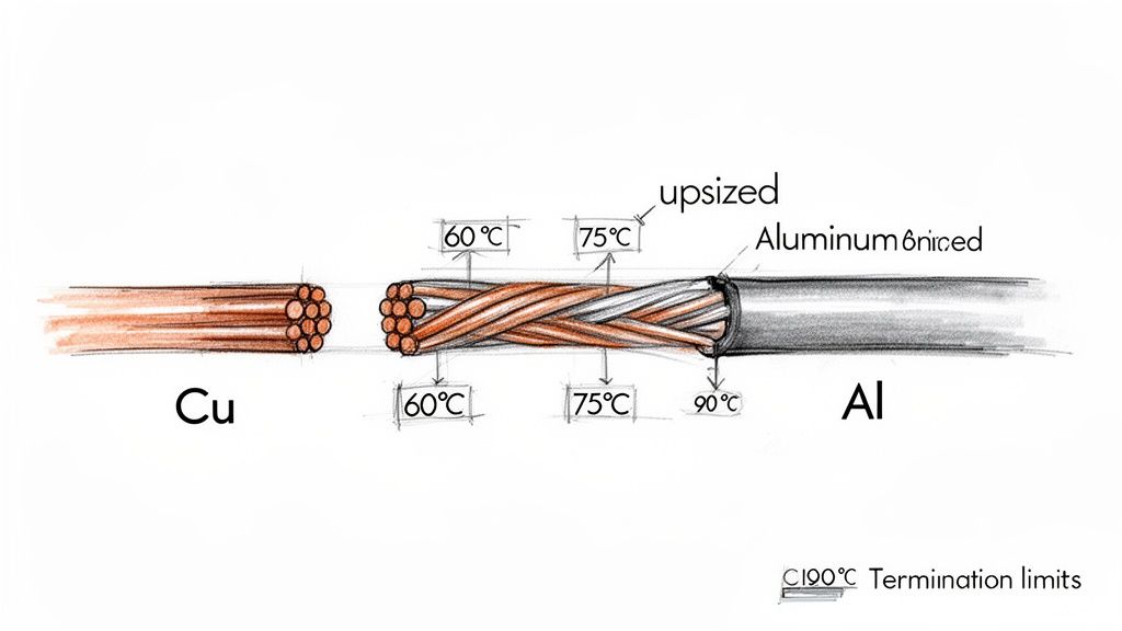 Diagram illustrating a copper to aluminum wire splice with varying temperature ratings and termination limits.