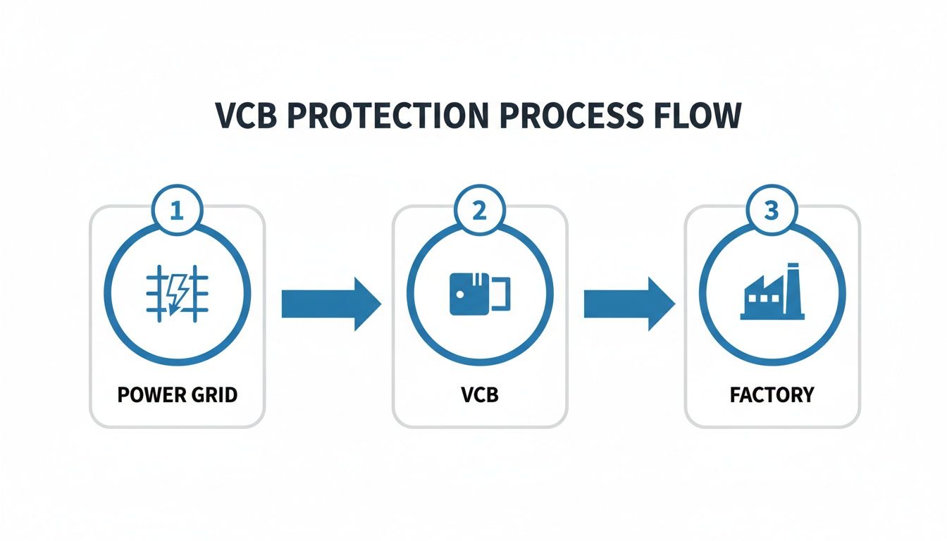 Flow diagram showing how a VCB protects a factory by connecting it to the power grid.