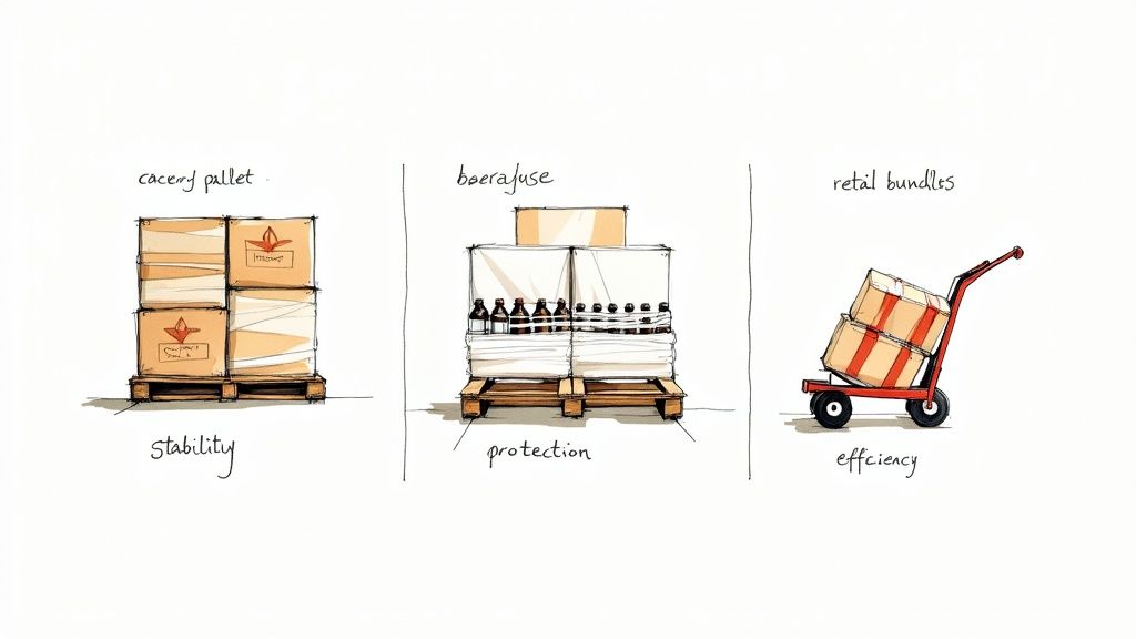 A pallet of boxes being wrapped with stretch film