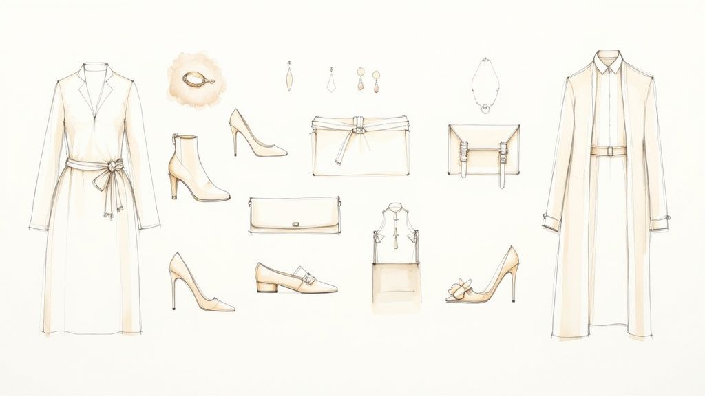 Elegant women's clothing, shoes, and accessories in neutral tones, ideal for a wedding event.