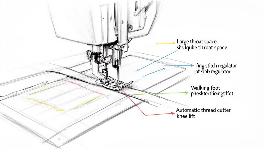Detailed sketch of a sewing machine highlighting throat space, stitch regulator, walking foot, and automatic thread cutter.