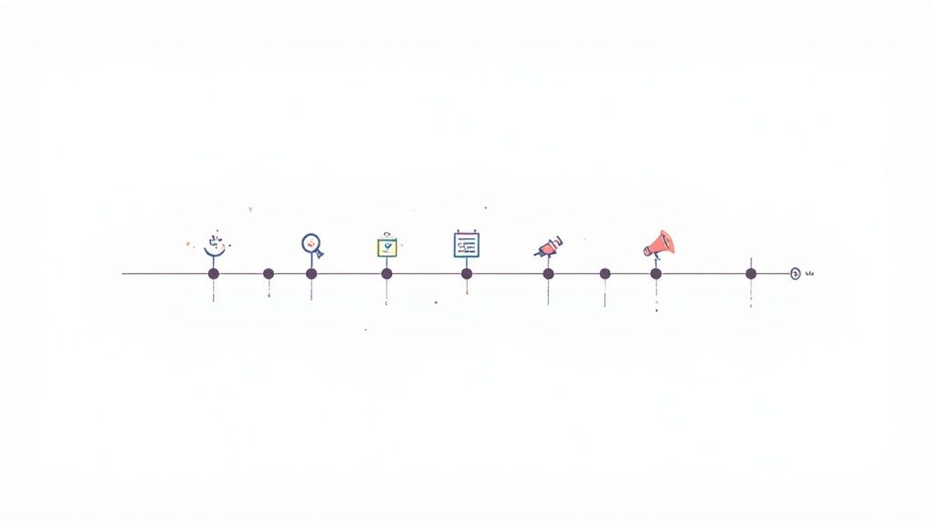A horizontal timeline infographic visually outlining the systematic steps for corporate event planning.