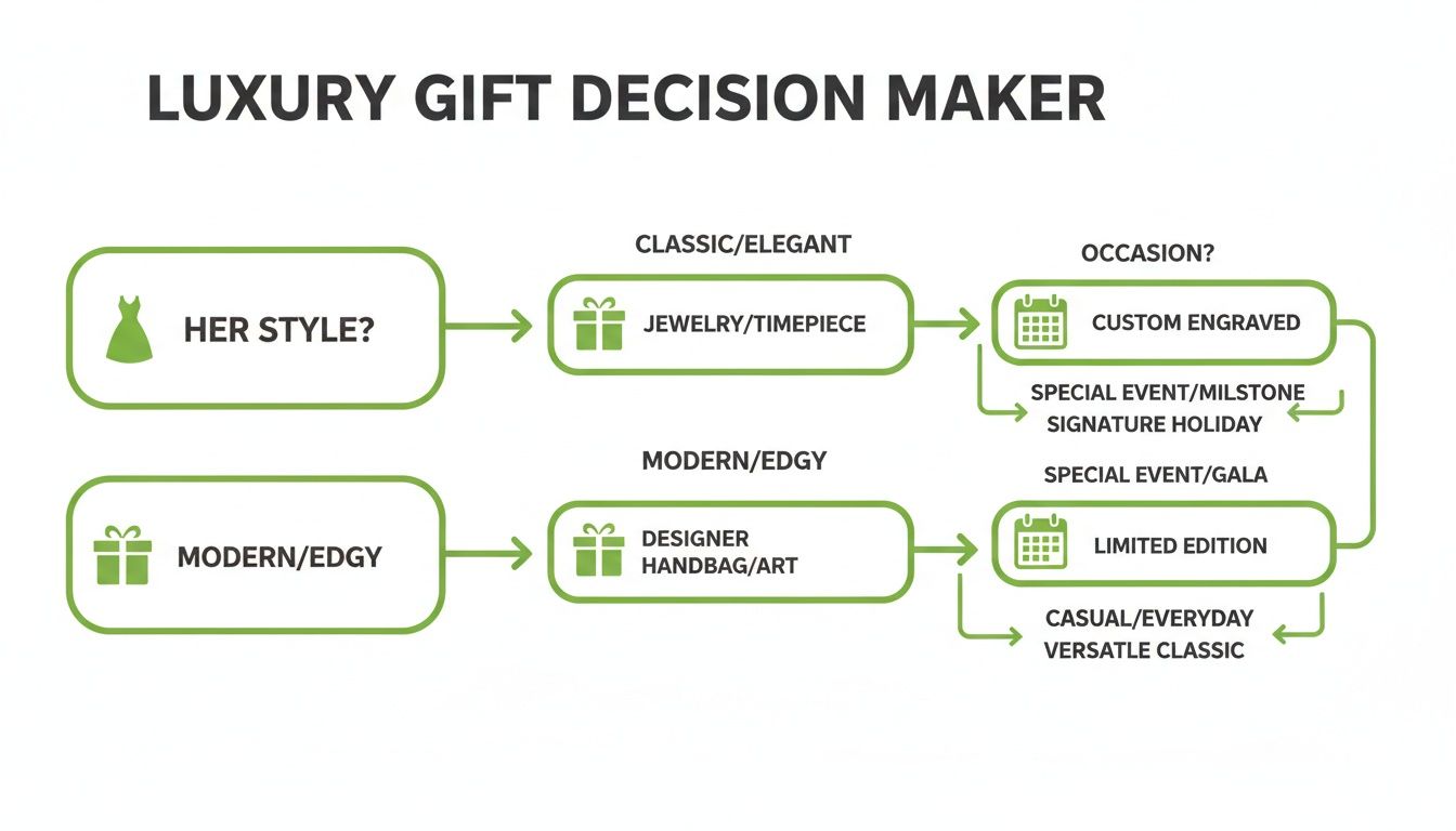 Flowchart illustrating luxury gift decision-making process based on style, gift type, and occasion.