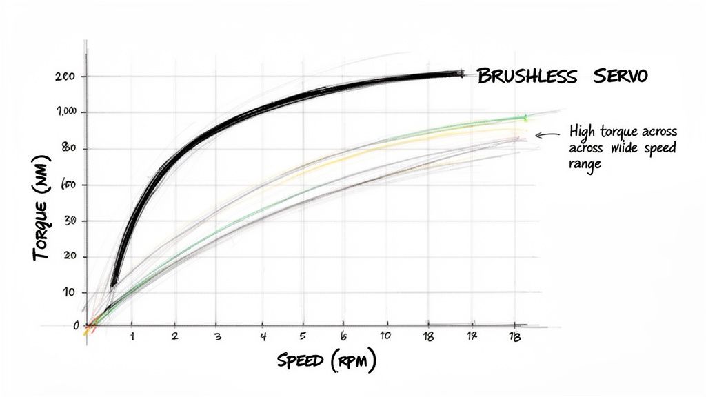 Graph illustrating torque (NM) versus speed (RPM) for brushless and other servo motors.