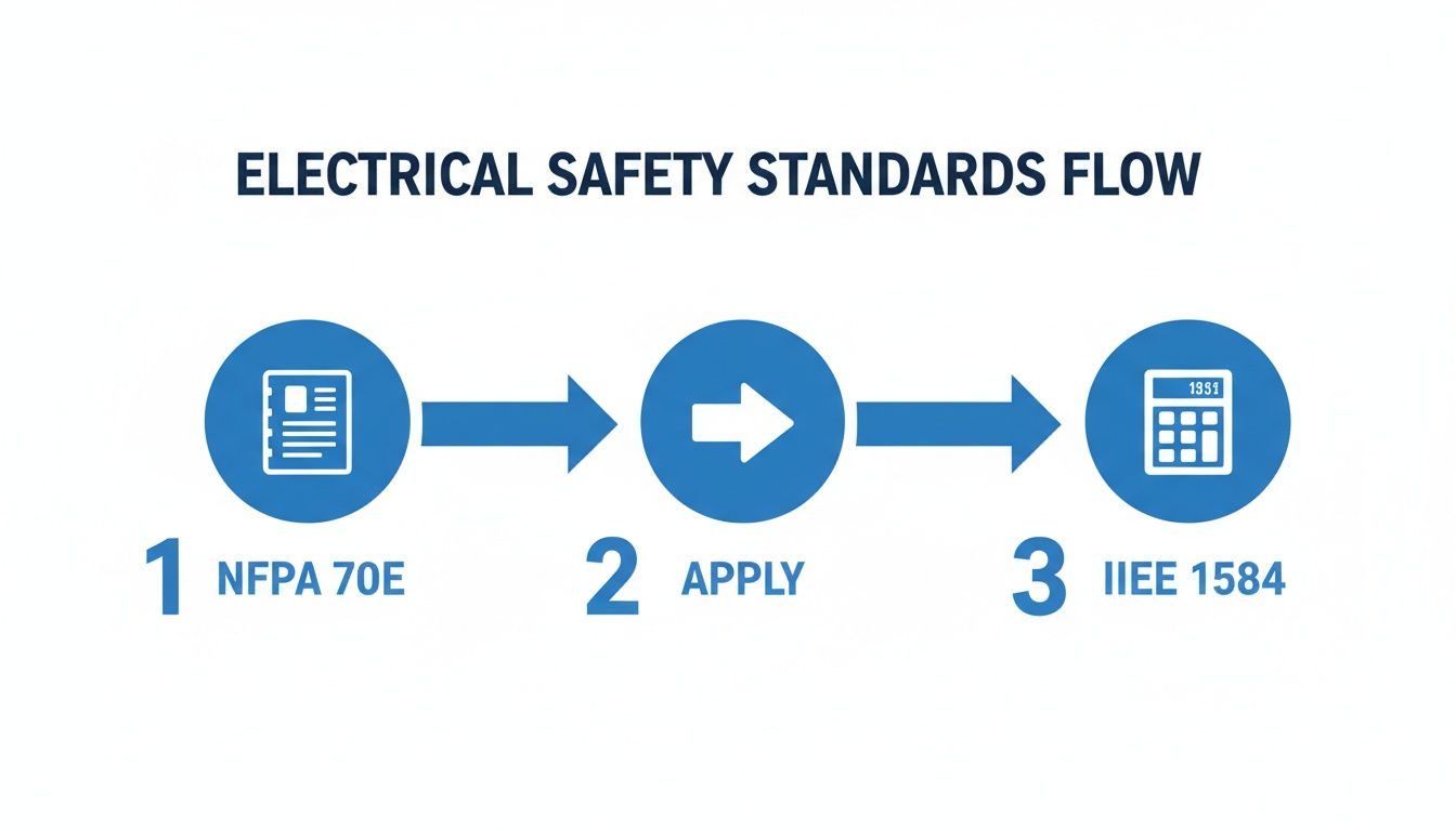 Flowchart showing electrical safety standards flow from NFPA 70E to IEEE 1584 application.