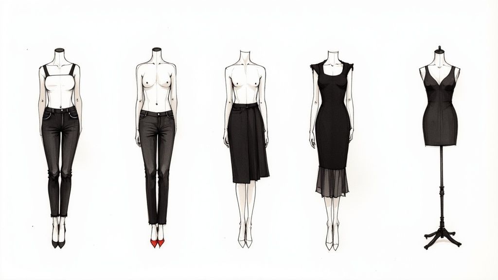 A collection of versatile bottoms and dresses styled on mannequins