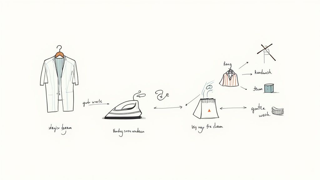 Hand-drawn illustration showing a sustainable garment care cycle, including ironing, steaming, and various washing methods.