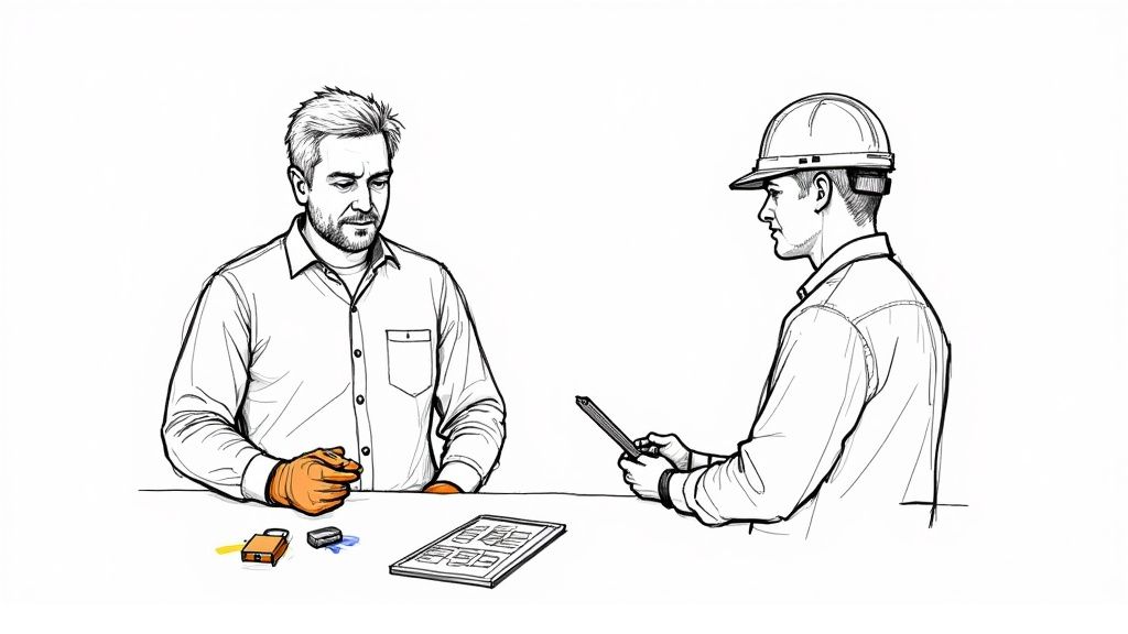 Two men reviewing safety plans, one in a hard hat, the other with gloves and lockout devices.