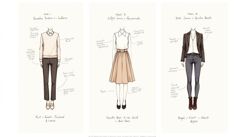 A woman confidently wearing a stylish business casual outfit, demonstrating an outfit formula.