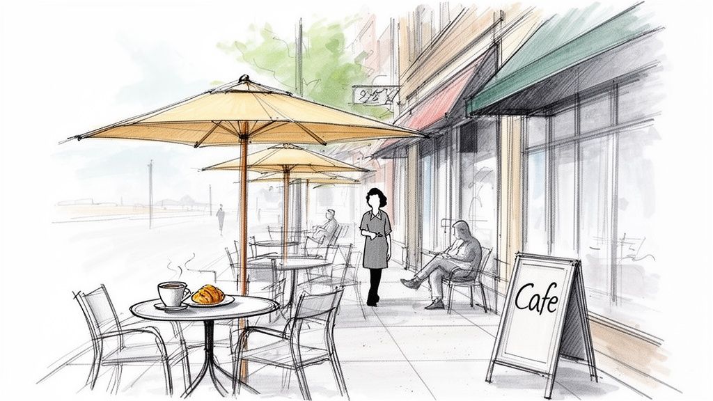 A hand-drawn sketch depicting a vibrant outdoor cafe scene with umbrellas, tables, and people.