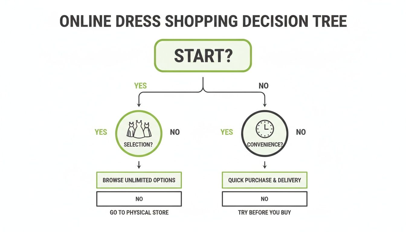 Decision tree outlining choices for online dress shopping, considering selection, convenience, and delivery.