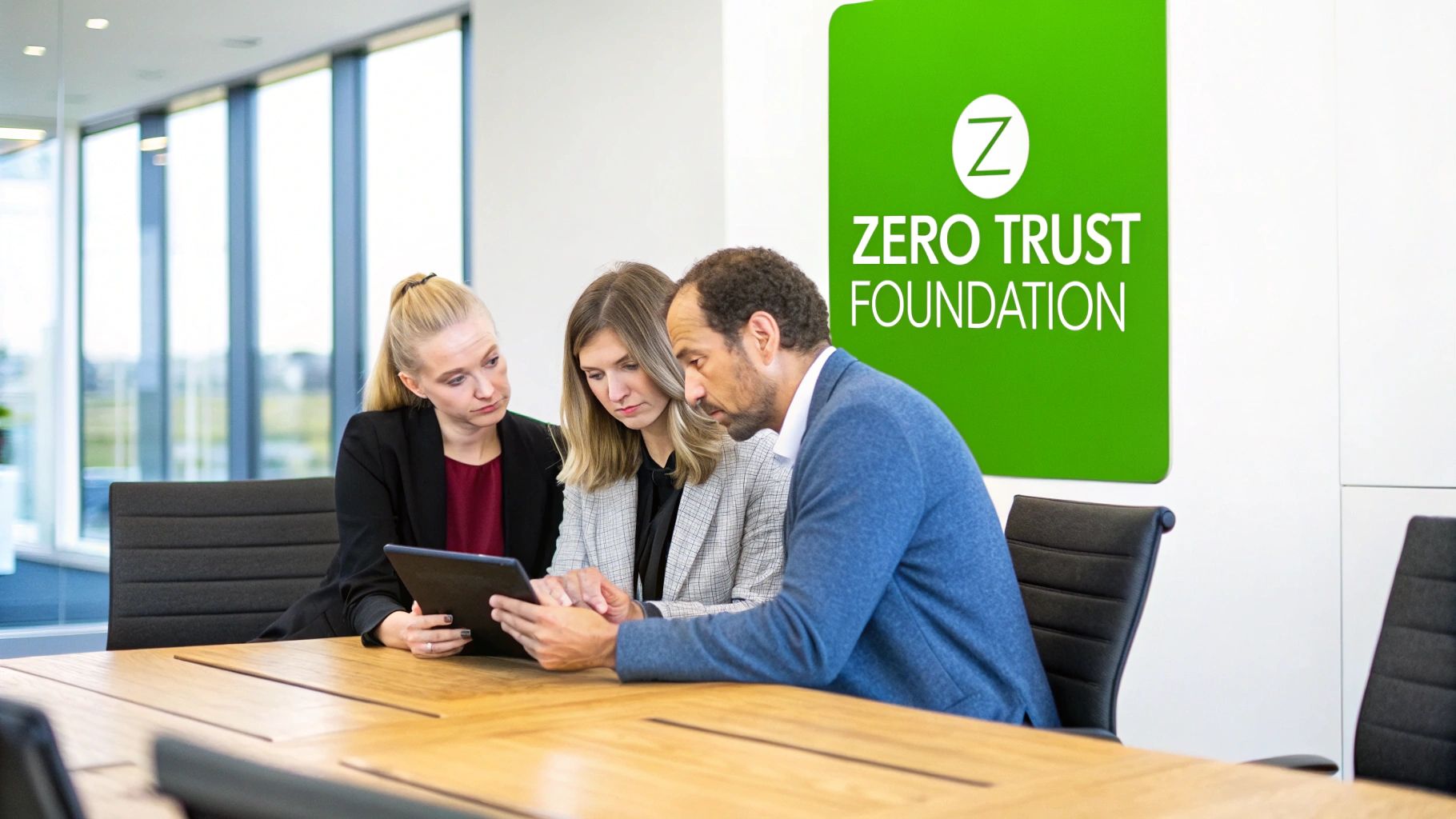 Three business professionals discussing information on a tablet in an office with a Zero Trust Foundation sign.