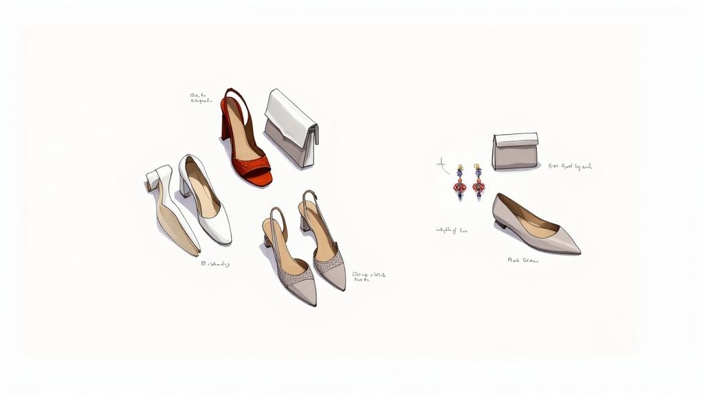 Sketches of women's semi-formal shoes, clutches, and earrings in various colors and styles on a white background.