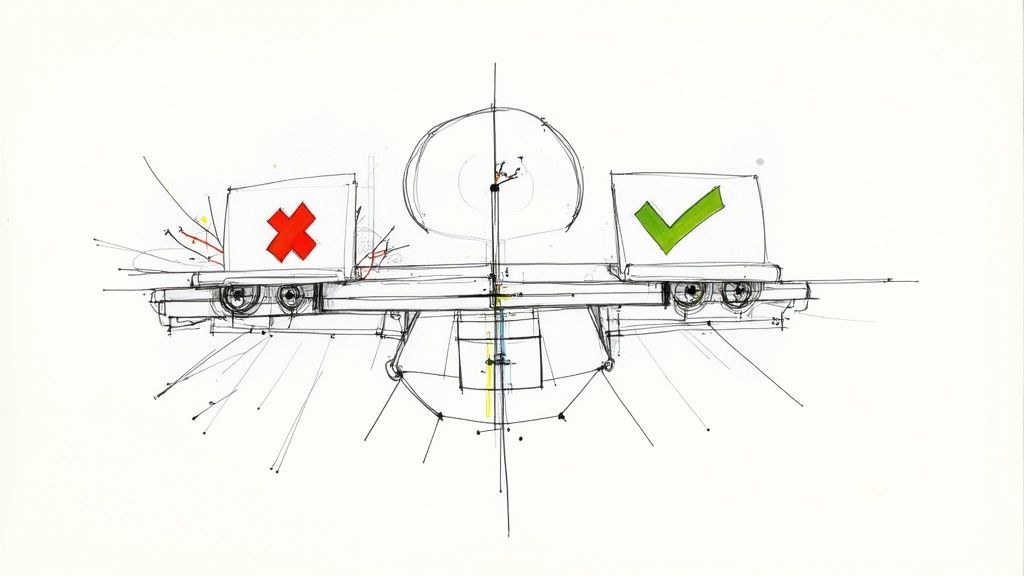 Technical sketch showing railway switching system with red cross and green checkmark indicating correct track selection