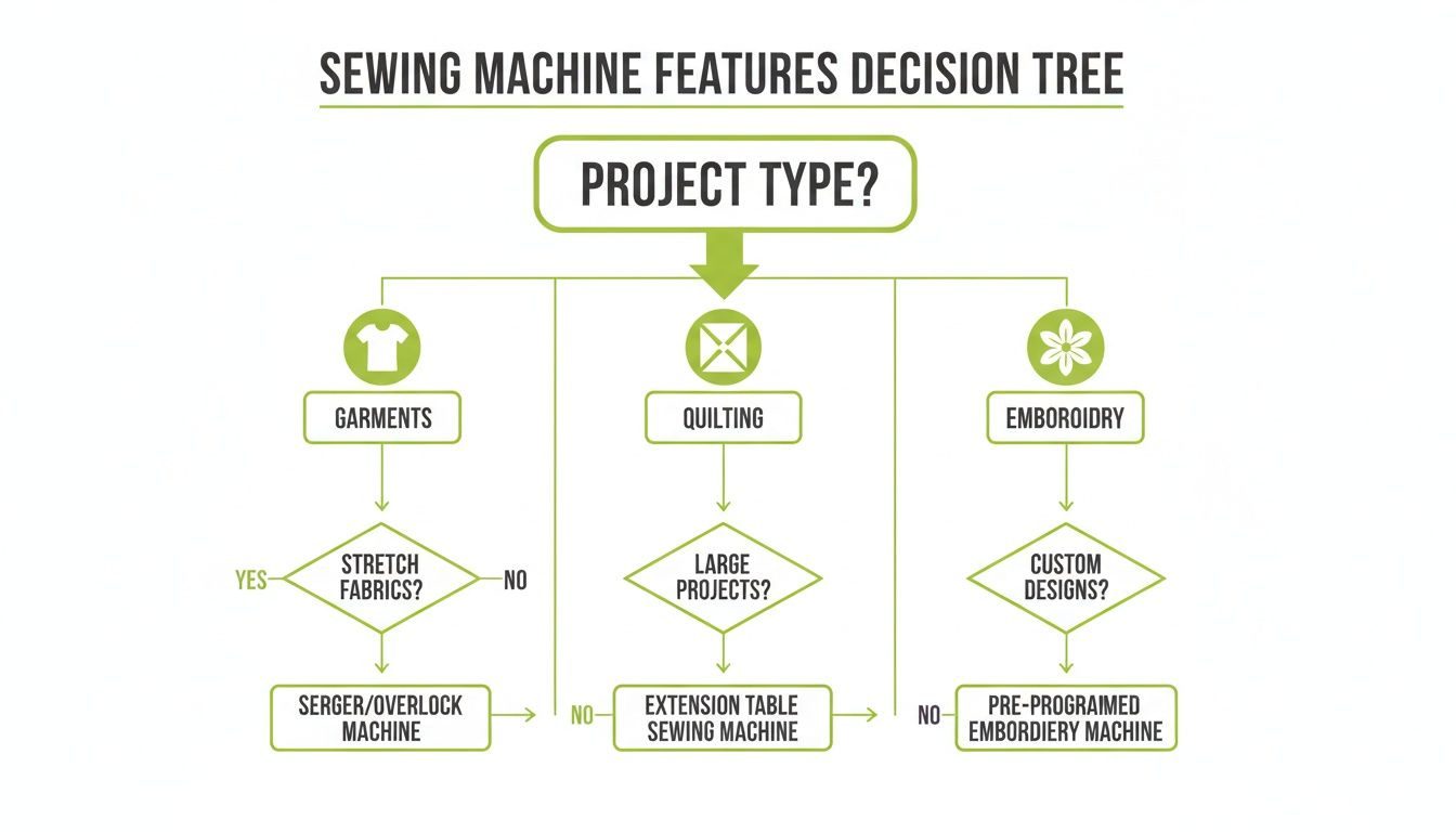 Decision tree diagram illustrating how to select a sewing machine based on project type and features.