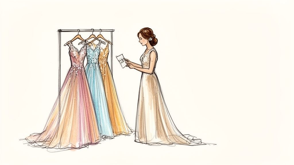 An illustration of a woman in a dress examining colorful gowns on a clothing rack.