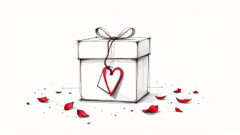 A woman happily opening a thoughtful anniversary gift.