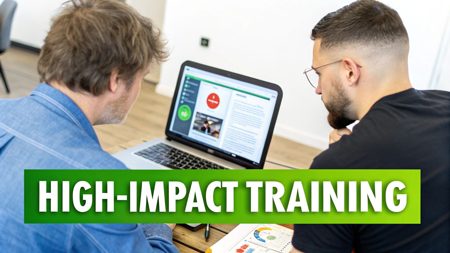 Two men review a laptop screen displaying training content, with "HIGH-IMPACT TRAINING" overlay.