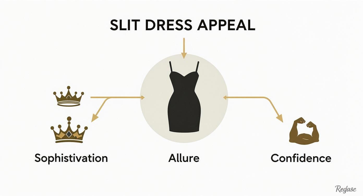 An infographic illustrating the appeal of a slit dress, connecting it to sophistication, allure, and confidence.