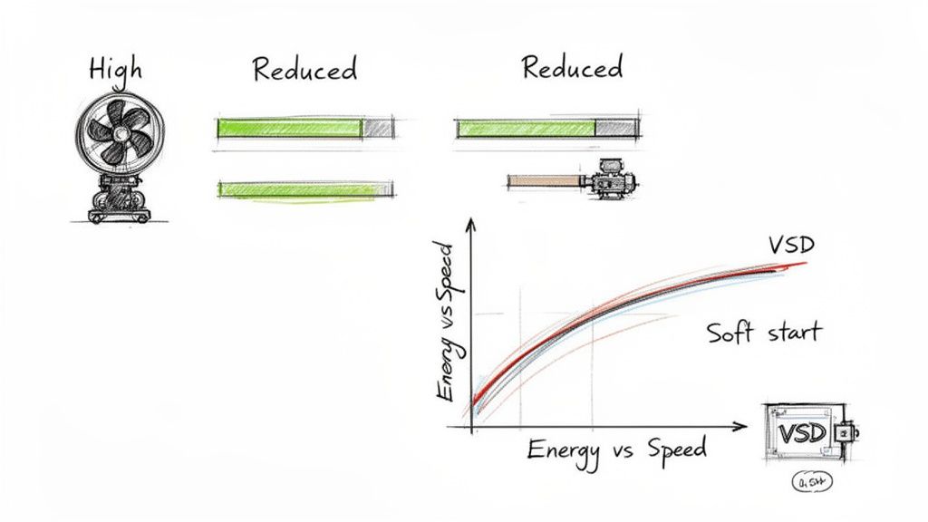 Illustration comparing energy consumption with high speed, reduced speed, soft start, and Variable Speed Drives (VSD).
